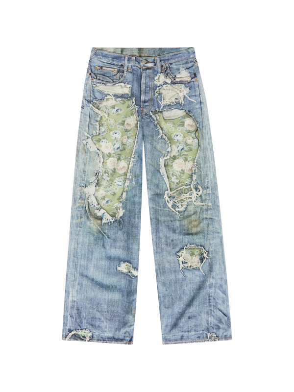Distressed Wide Leg Jeans ג׳ינס רחב תכלת קרוע עם הדפס פרחוני