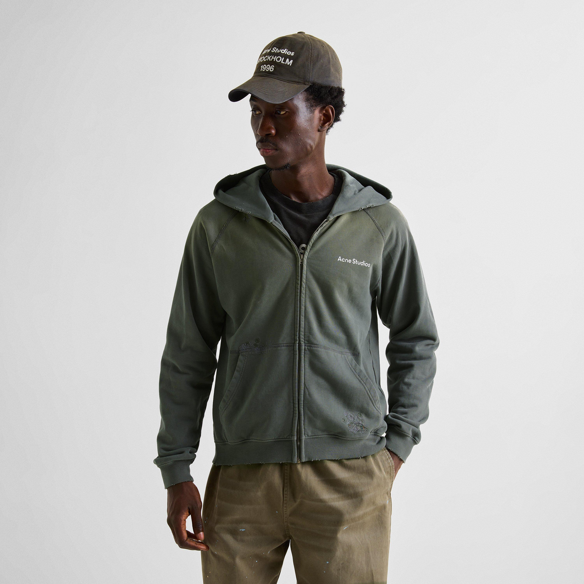 ACNE STUDIOS Stamp Zip Hoodie קפוצ׳ון רוכסן אפור ירקרק דהוי