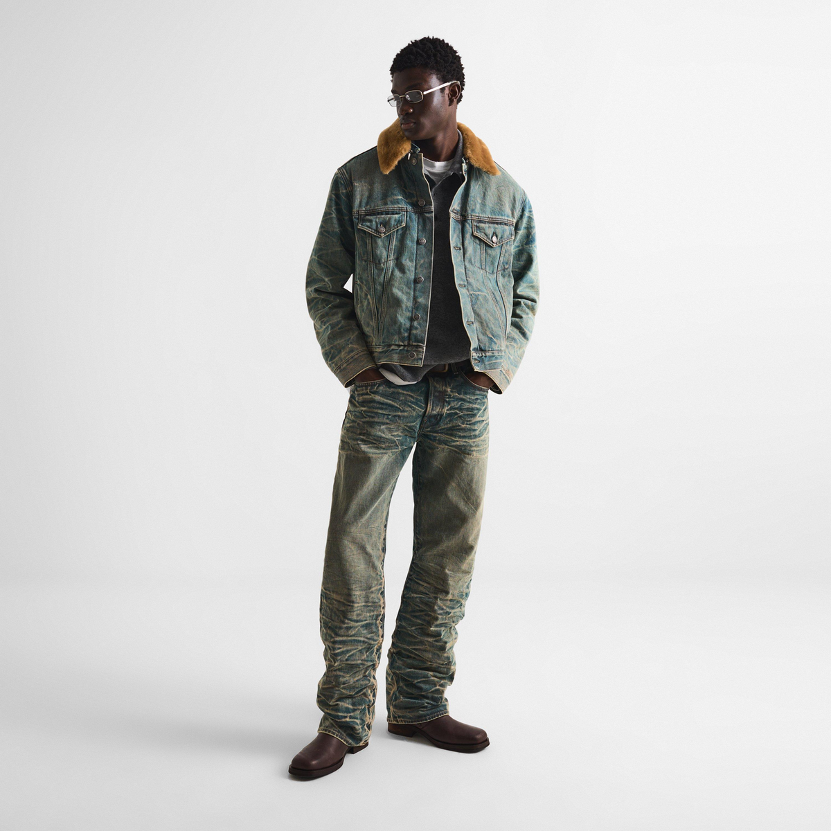 ACNE STUDIOS Rion Denim Jacket ז׳קט ג׳ינס כחול שטוף עם צווארון פרווה